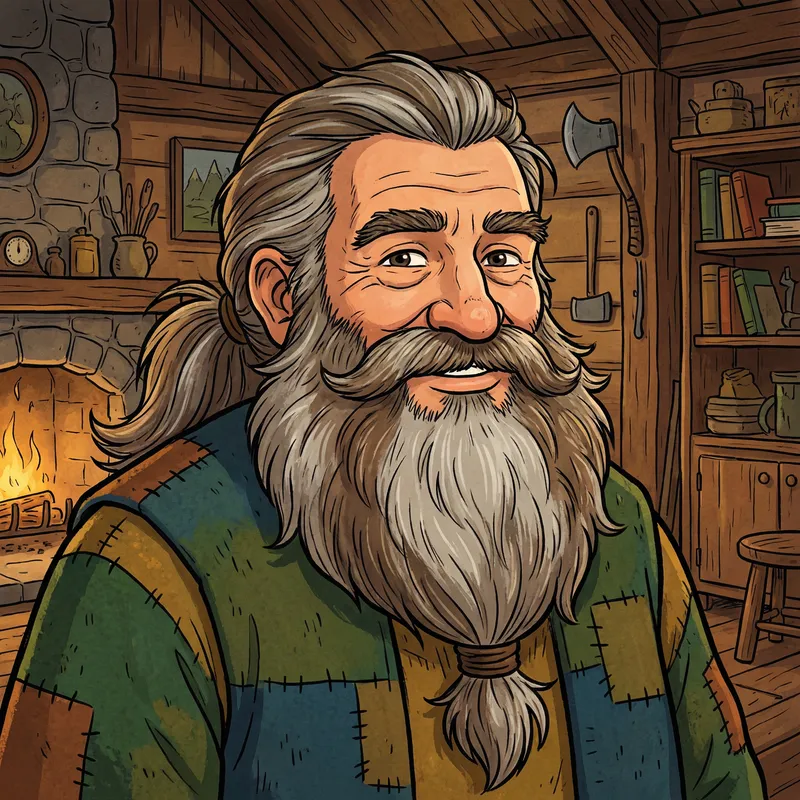 Colorful Cartoon Man with Grey and Brown Beard and Long Ponytail