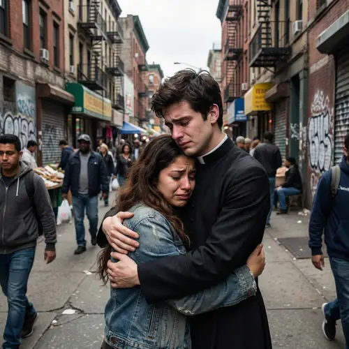 Forbidden Love Story: Raven-Haired Priest Embraces Brunette Woman