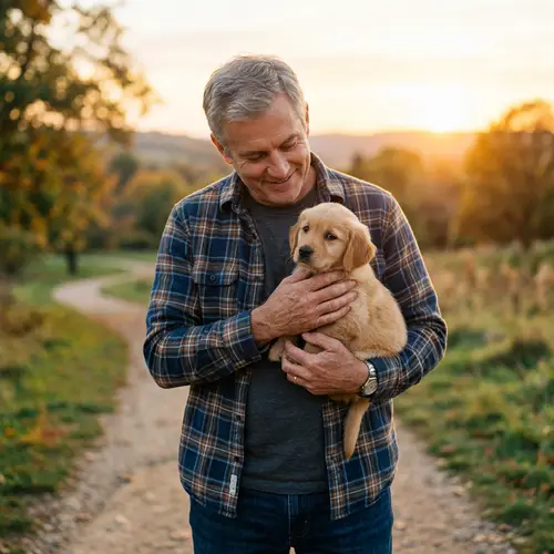Compassionate Man Comforting Sad Golden Retriever Puppy Outdoors