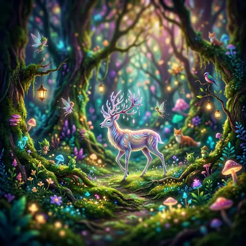 Mystical Forest with Graceful Creatures in Vibrant Colors