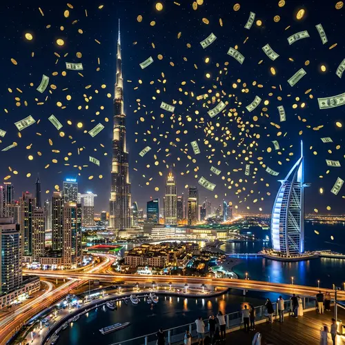 Dubai Night Skyline with Falling Gold Coins and Dollar Bills