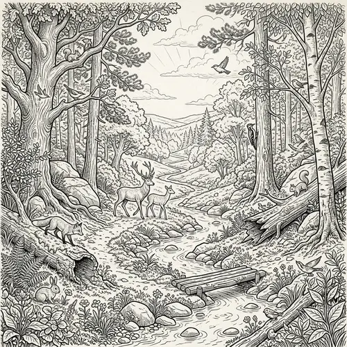 Lush Woodland Environment Concept Line Art