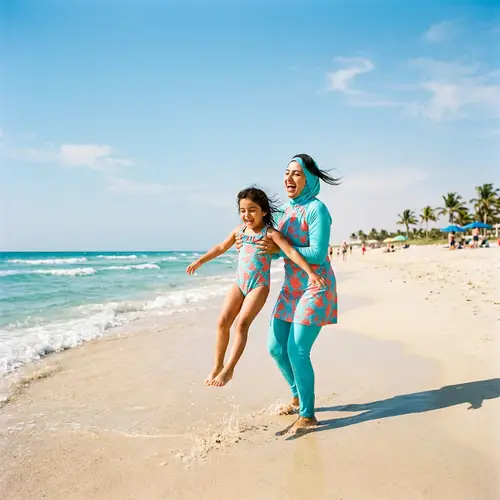 Middle-Eastern Mother & Daughter Matching Swimsuits | Sandy Beach Joy