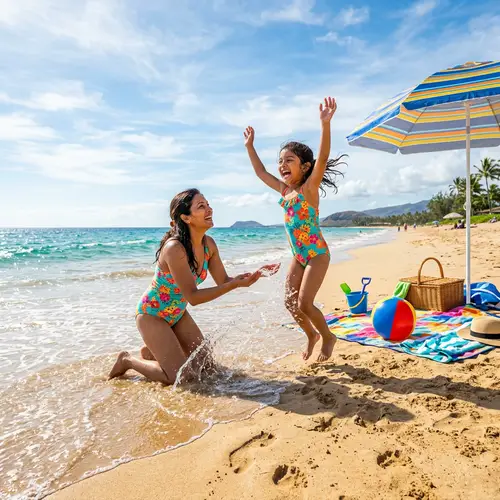 Joyful Mother-Daughter Beach Day: Radiant Fun in Matching Swimsuits