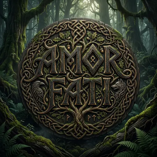 Intricate 'Amor Fati' Runic Tattoo Design