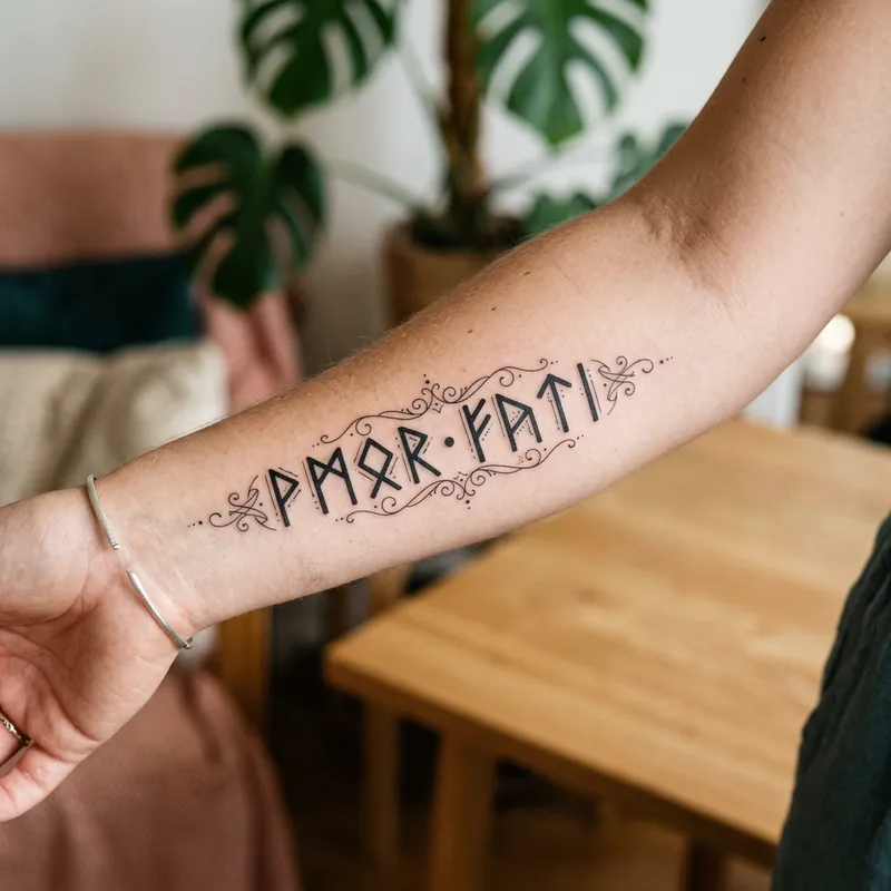 Intricate Runes Tattoo Font Design for 'Amor Fati'