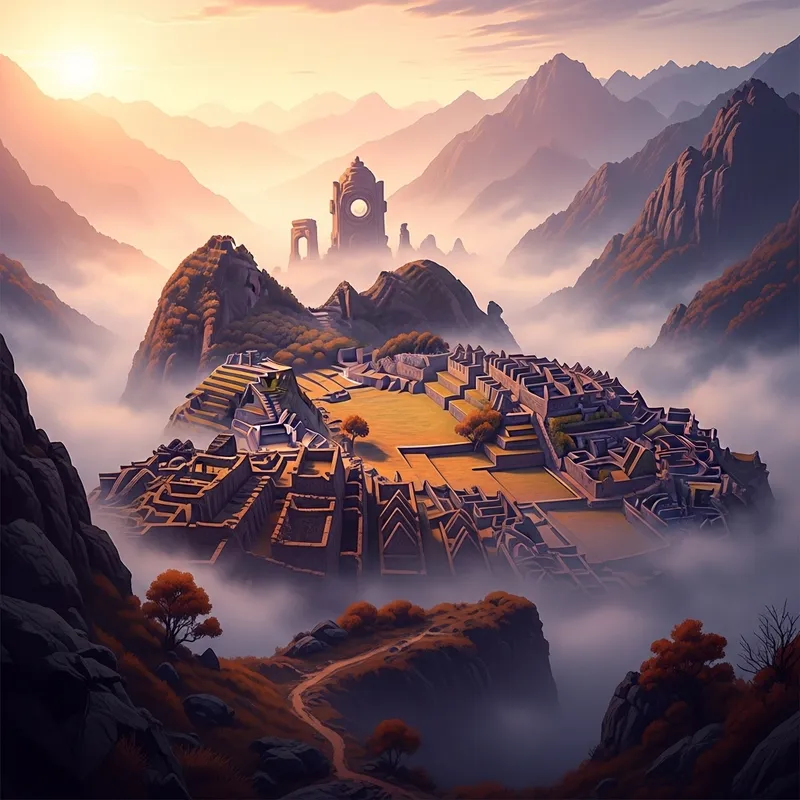 Mystical Mountain Landscape with Ancient Ruins