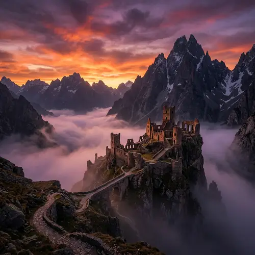 Mystical Mountain Landscape with Ancient Ruins