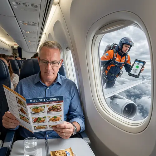 In-flight Meal Ordering Scene with Courier Delivering Food