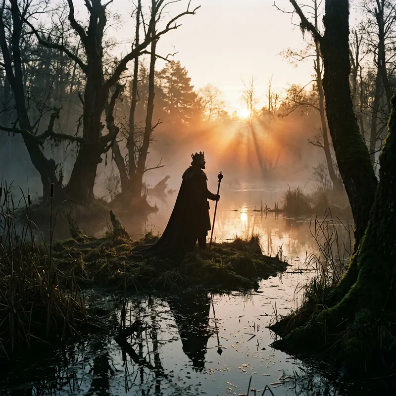 Medieval King Silhouette at Dawn in Swamp - Mystical Royalty in Misty Moor