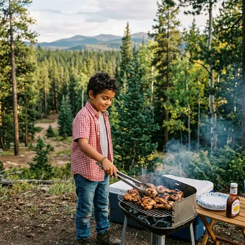 Young Hispanic Boy Grilling Chicken in Forest