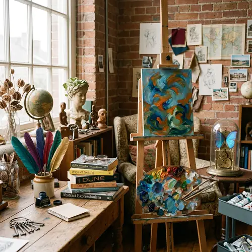 Creative Scene with Easel, Quills, Books, and Knick-knacks