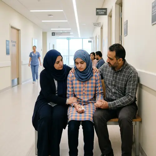 Melancholic Teenager at Modern Hospital with Supportive Parents