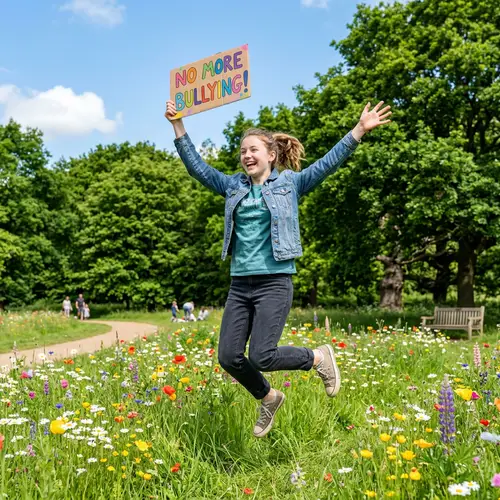 Cheerful Teenager Celebrating Escape from Bullying in a Lush Green Park
