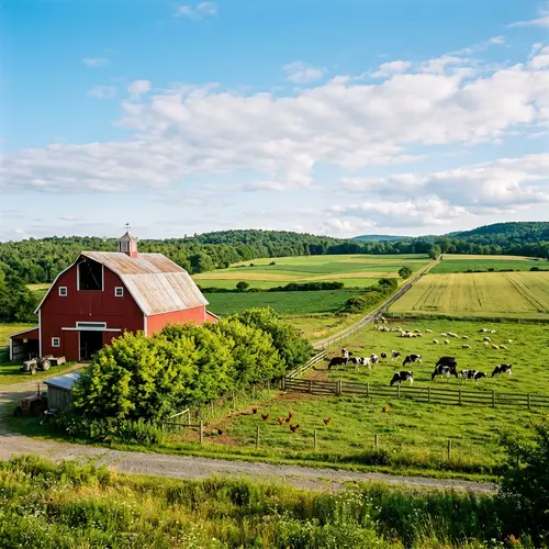 Idyllic Rural Setting with Red Barn and Farm Animals