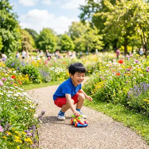 Joyous Asian Boy Playing with Colorful Toy Car Outdoors