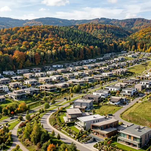 Modern Flat Houses Among Colorful Forest Landscape