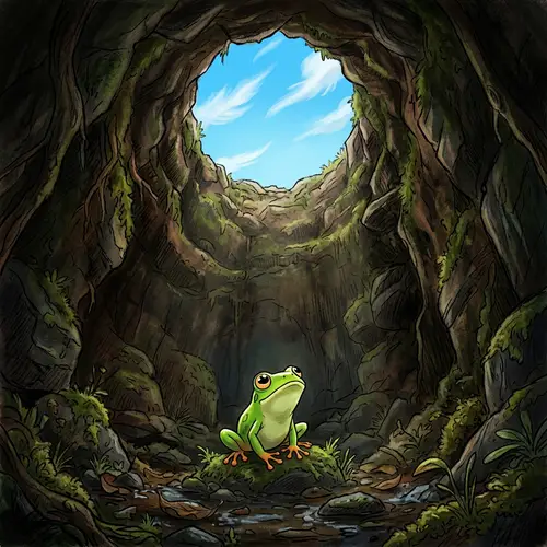 Whimsical Hand-Drawn Animation of Bright Green Frog in Pit