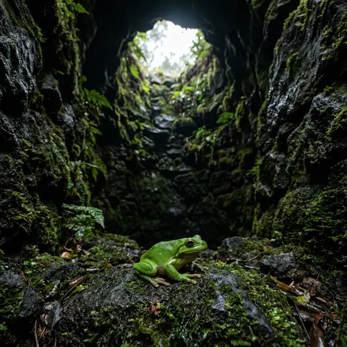 Vibrant Green Frog in Shadowy Pit | Nature-Inspired Scene