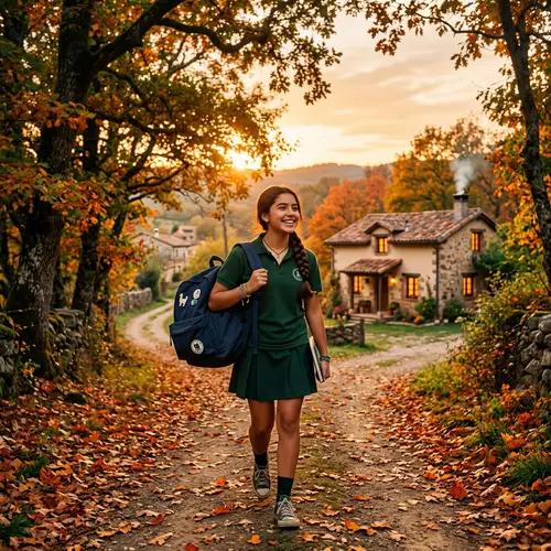 Young Hispanic Student Walking Home in Autumn Village