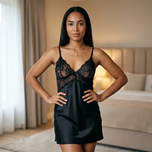 Elegant Black Satin Camisole Model in Cozy Setting