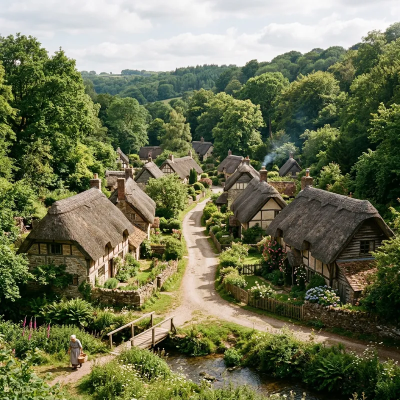 Peaceful Village Amidst Thatched-Roof Houses and Lush Greens