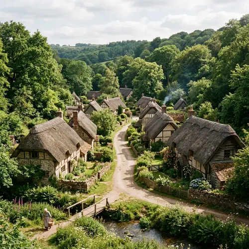 Serene Village with Thatched-Roof Houses Surrounded by Lush Green Trees