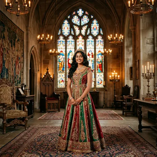 Regal South Asian Princess in Ornate Gown | Castle Chamber Scene