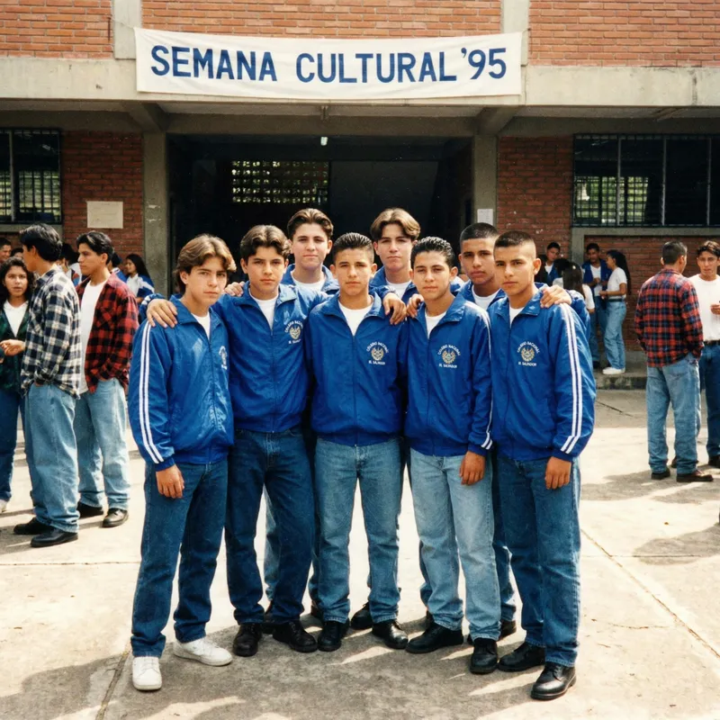 90s El Salvador High School: Male Students in Blue & White Jackets