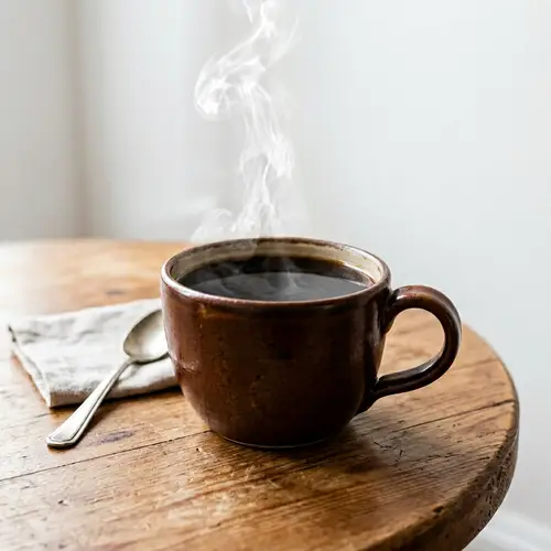 Ceramic Coffee Cup on Wooden Table | Hot Steaming Brew