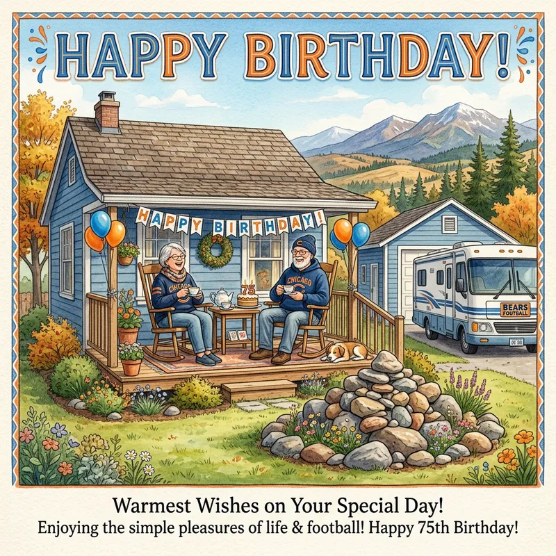 Elderly Couple Birthday Card Design: Chicago Bears Tea Party Scene