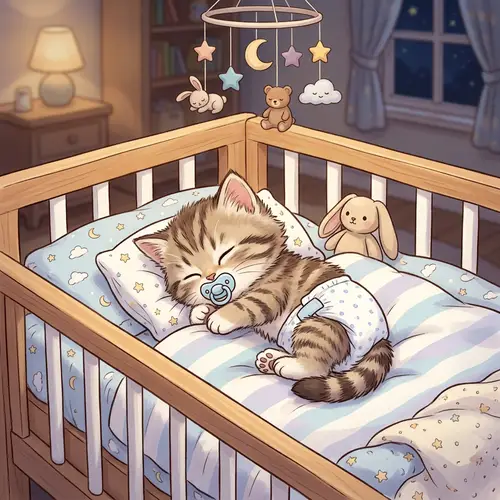 Cute Baby Kitten Sleeping in Crib | Adorable Kitten Image