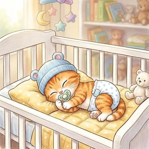 Sleeping Baby Kitten in Crib with Pacifier & Hat