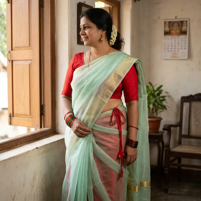 Elegant Indian Woman in Sheer Pastel Green Saree