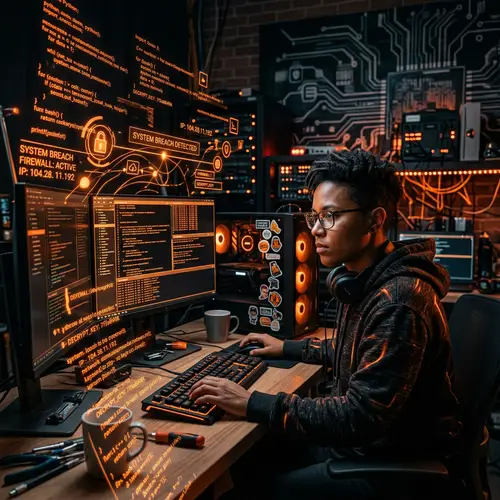 Hyper-Realistic Cybersecurity Image: Tech Artistry in Orange and Black