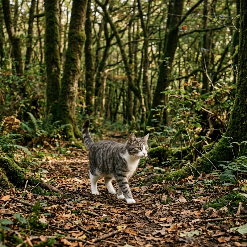 Medium-Sized Striped Grey and White Cat in Enchanting Woods Medium-Sized Striped Grey and White Cat in Enchanting Woods
