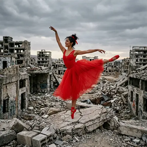 Hispanic Ballerina Dancing Amidst Post-Apocalyptic Ruins