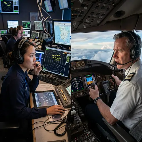 Female Air Traffic Controller in Tense Radio Communication with Pilot