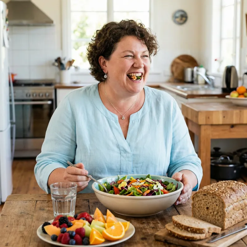Happy Woman Enjoying Healthy Meal at Table Happy Woman Enjoying Healthy Meal at Table