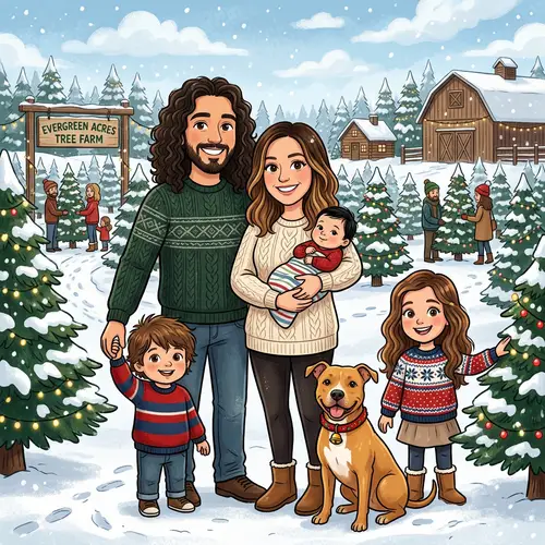 Cartoon Family at Christmas Tree Plantation