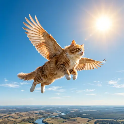 Flying Cat | Brave Feline Soaring in the Clear Blue Sky
