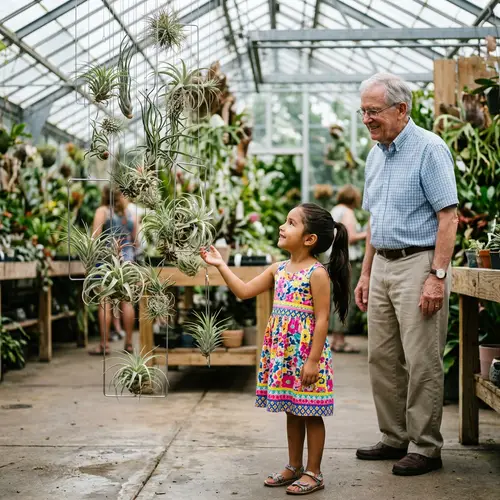 Air Plants Artfully Suspended: Greenhouse Exploration Scene