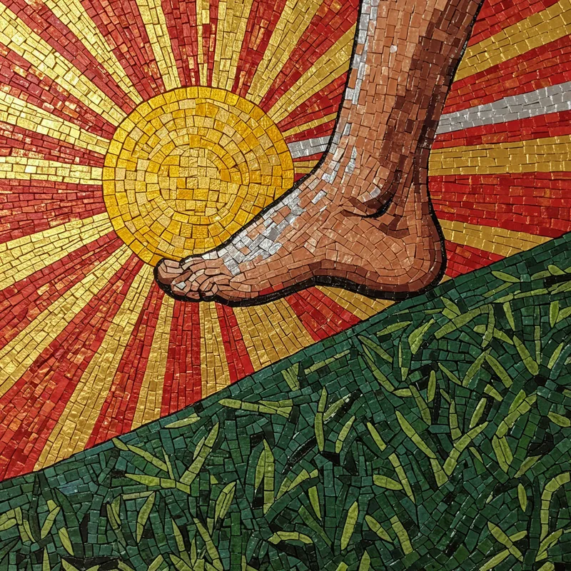 Vibrant Mosaic Footsteps Against a Hillscape