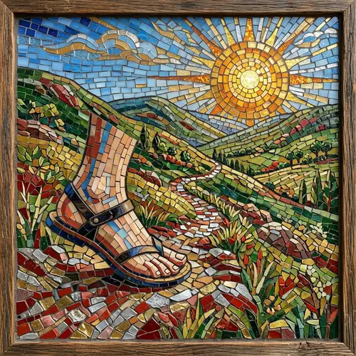 Vibrant Mosaic Footsteps Against a Hillscape
