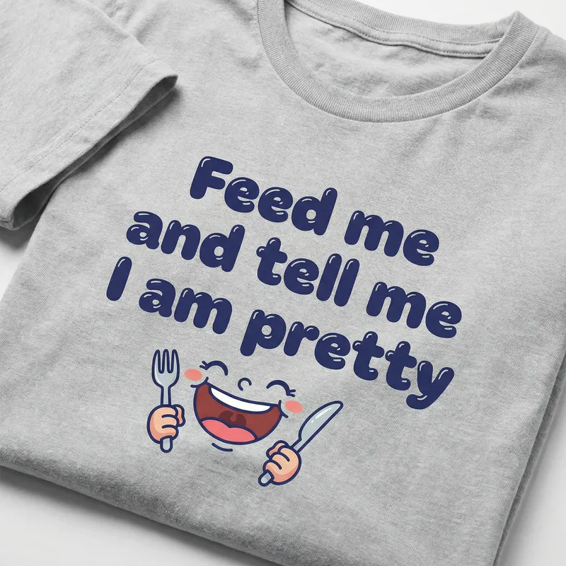 Cute 'Feed Me and Tell Me' Quirky T-Shirt Design