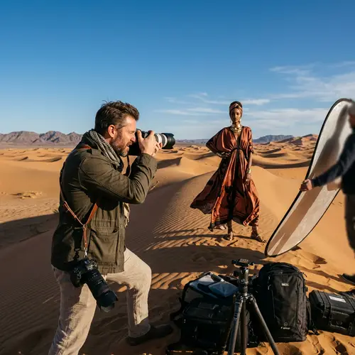 Fashion Photographer Capturing Stylish Desert Photoshoot