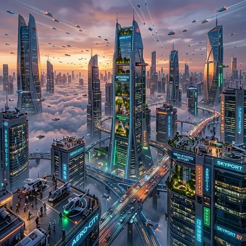 Futuristic Cityscape: Skyscrapers, Highways & Skyports | Urban Airscape