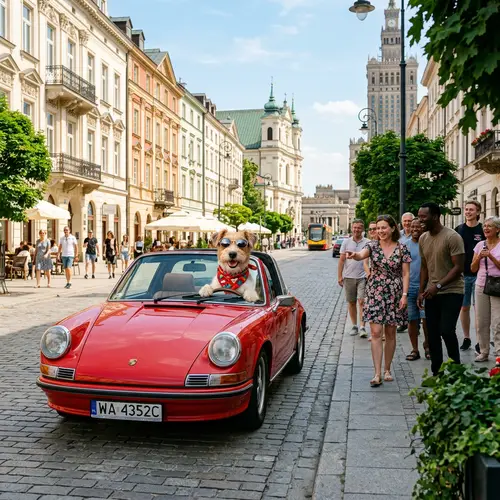 Adventurous Canine in Porsche Explores Historic Streets of Warsaw