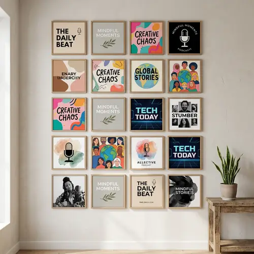 Podcast Covers Gallery: Explore Diverse Designs on Neutral Wall