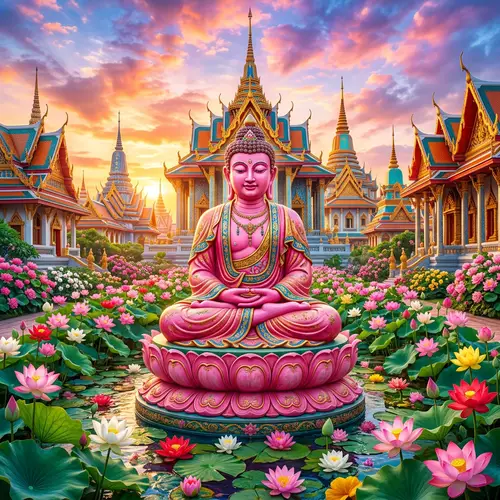 Stunning Pink Lotus Buddha Statue Surrounded by Flowers